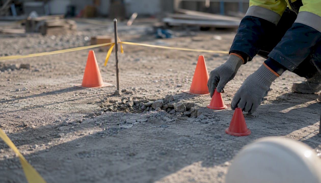 Hands setting up RCA scene on construction site