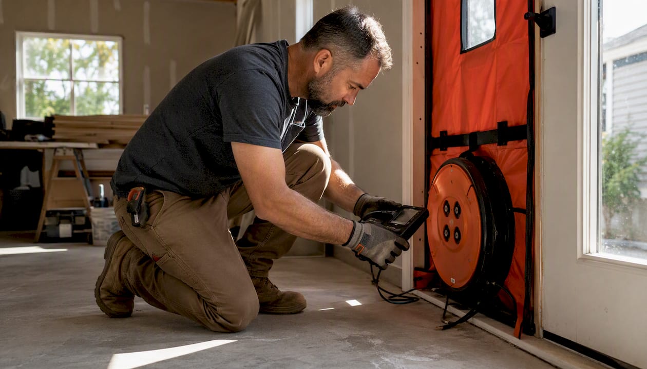 HVAC technician adjusting blower door gauge