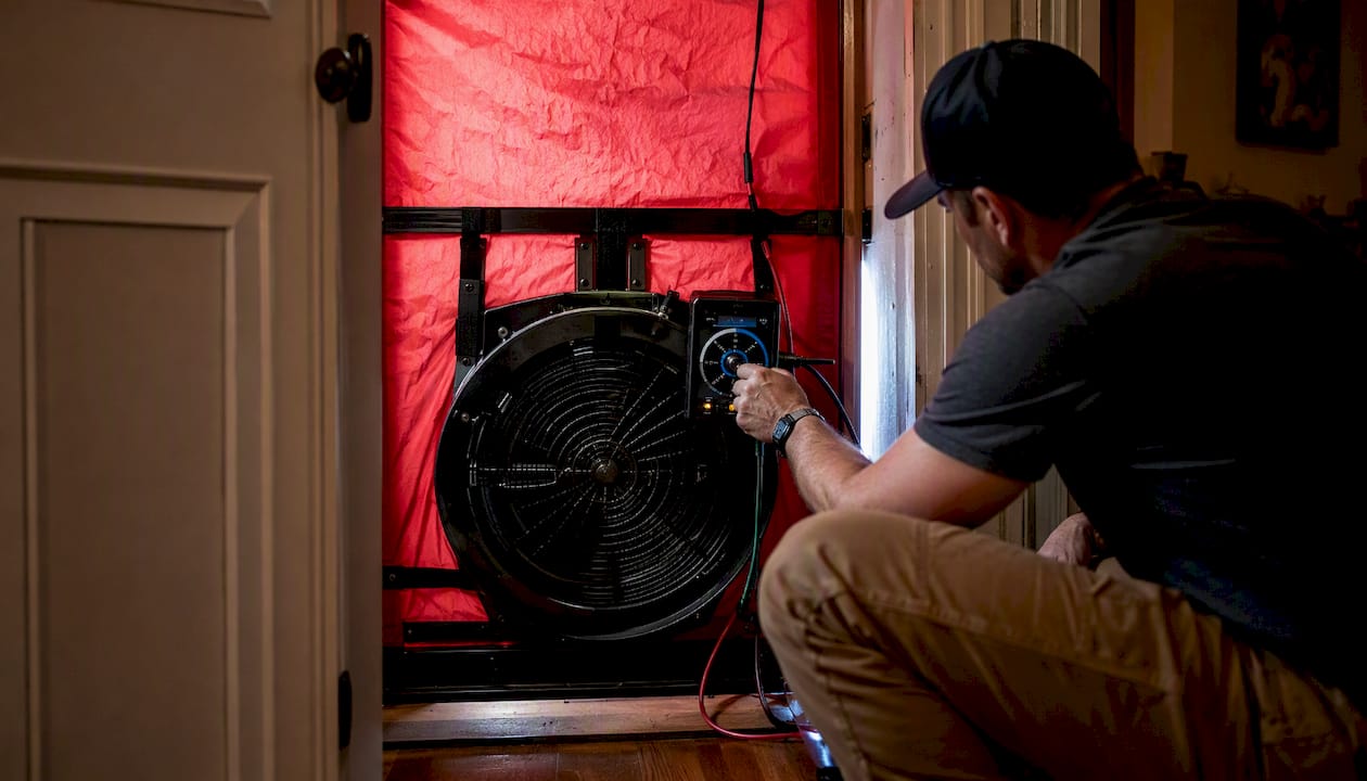 Hands adjusting blower door fan dial