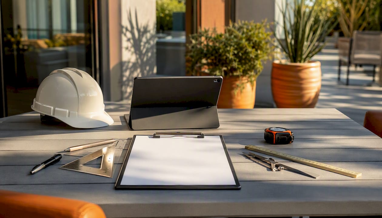 Construction agreement checklist on table with hardhat and tools
