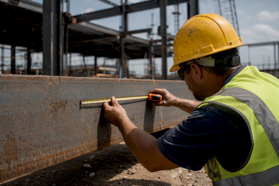Worker measuring steel beam on construction site