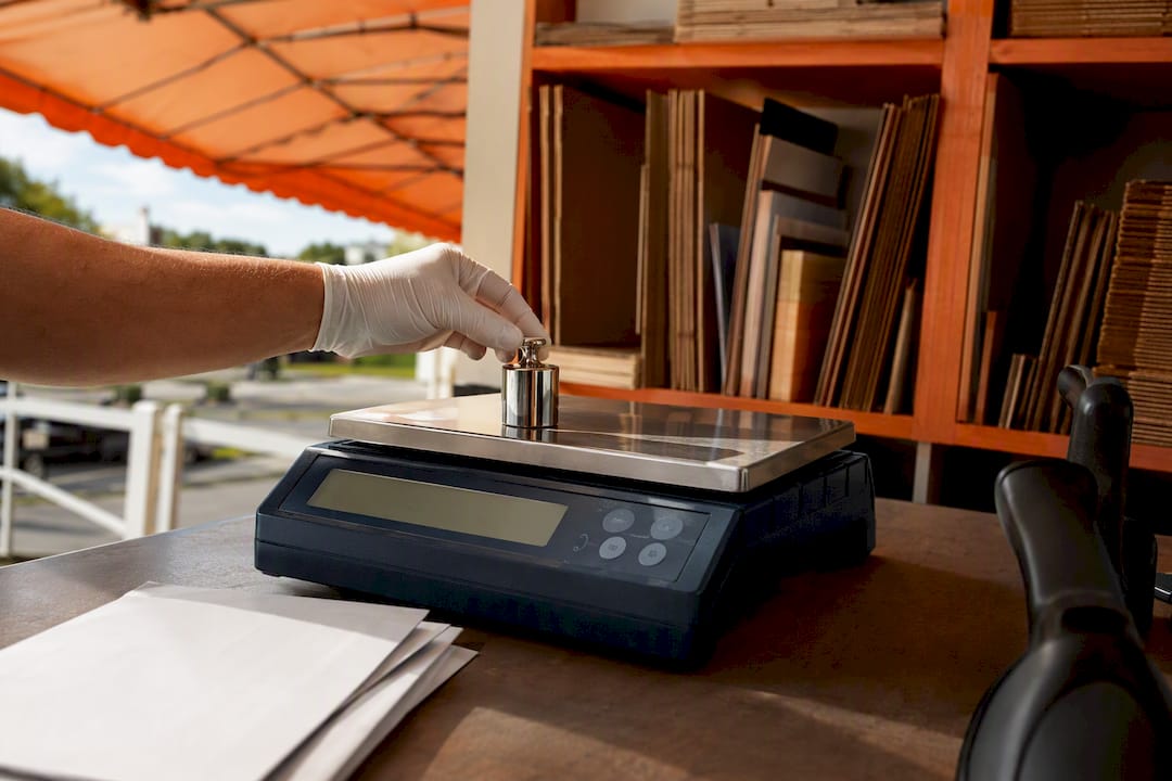 Close-up of postal scale and labels at CPU counter