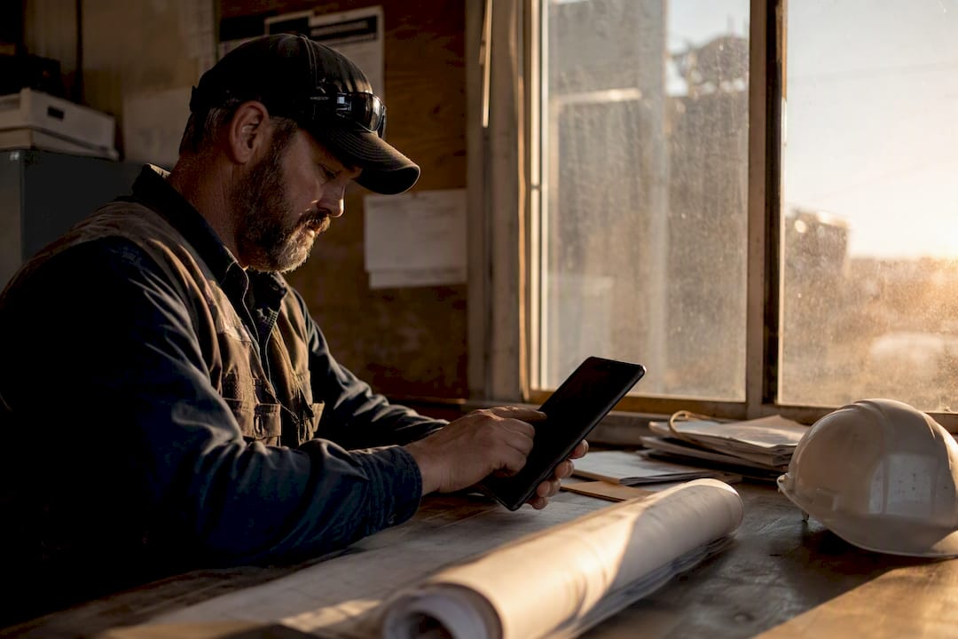 Hands setting up CRM software at construction site desk