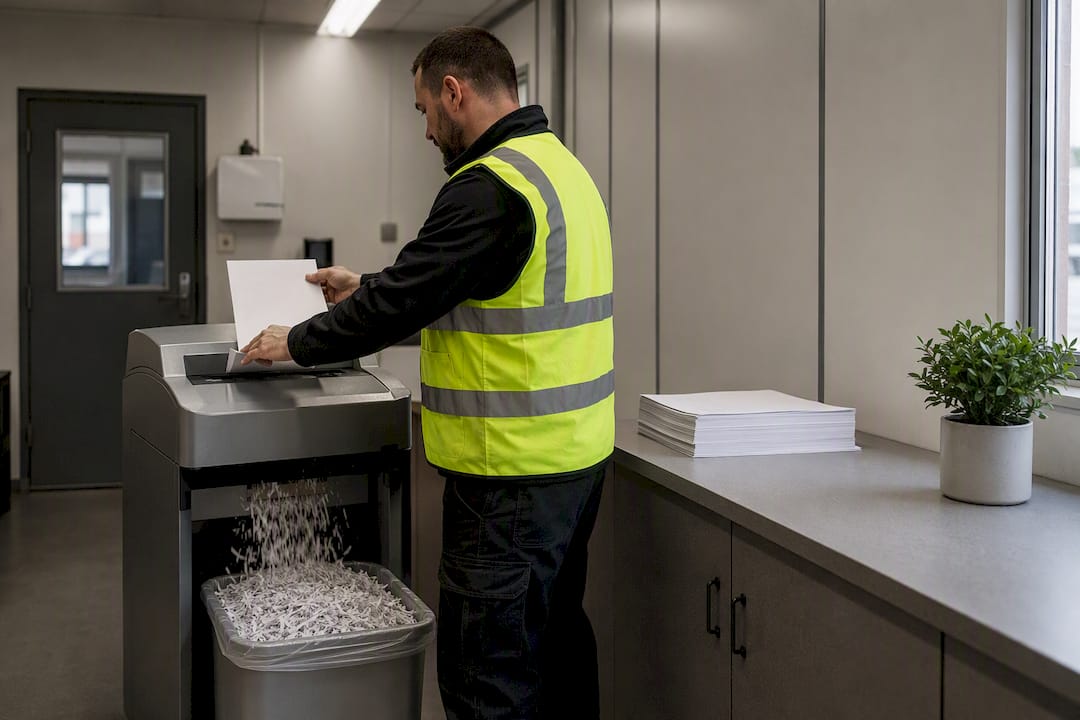 Hands shredding sensitive documents in site office