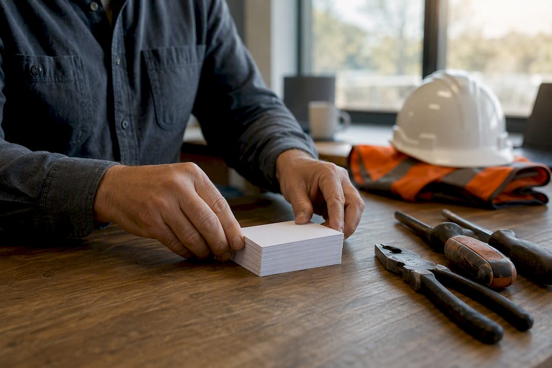 Hands sorting blank construction certification cards