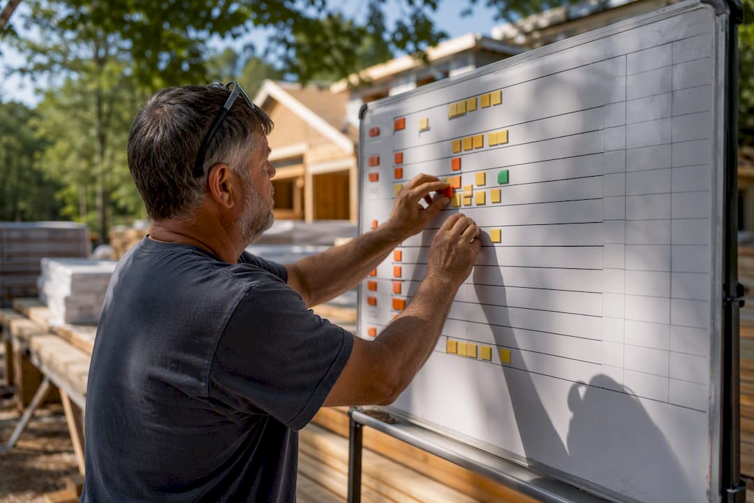 Foreman adjusting schedule board outdoors