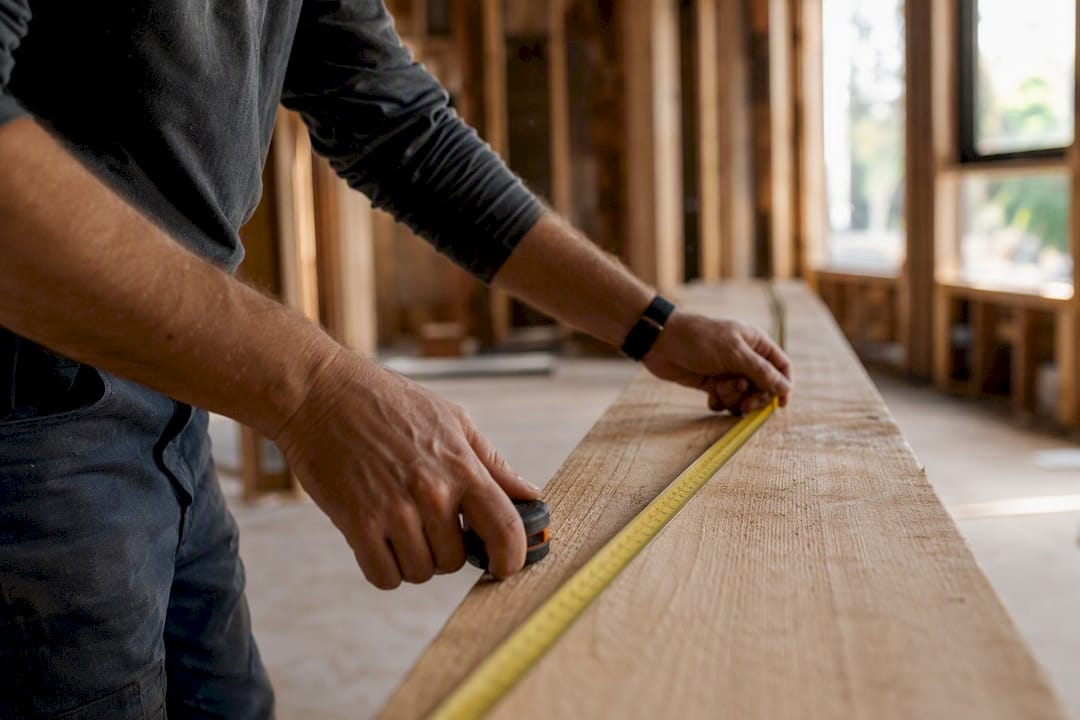 Hands measuring wood framing beam on construction site