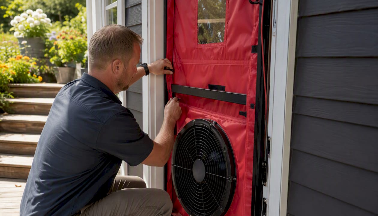 Hands setting blower door in residential doorway