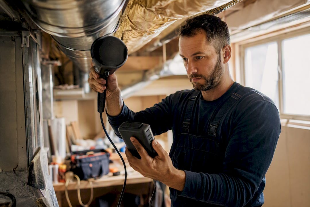 Contractor measuring airflow in HVAC duct