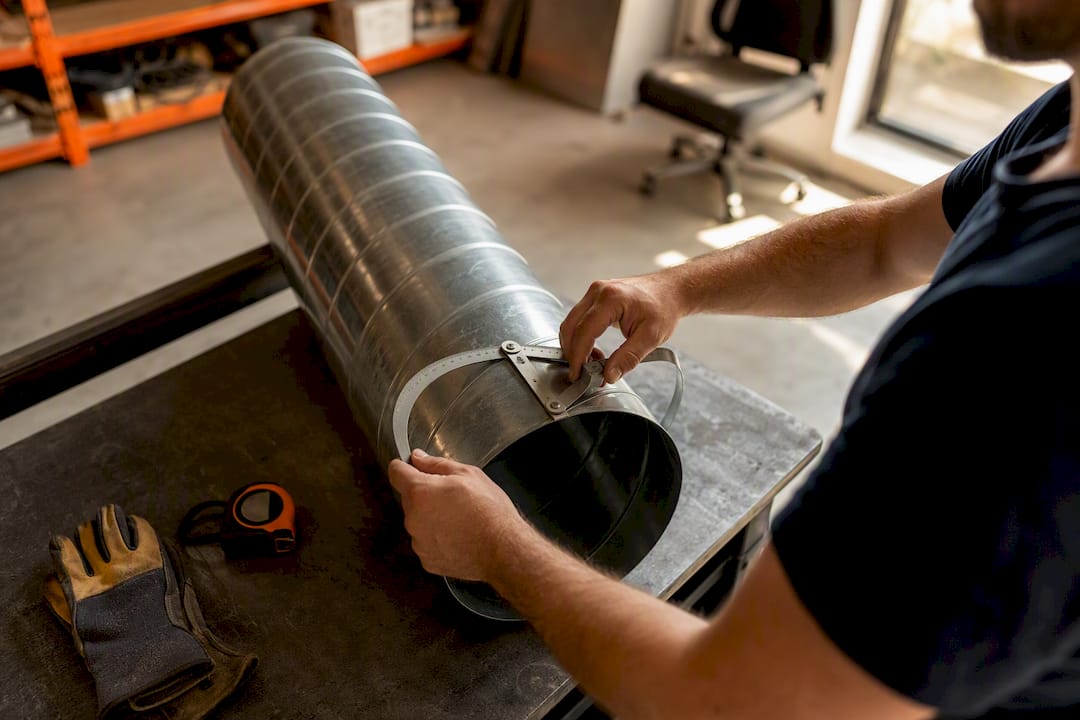Hands measuring duct diameter in mechanical room