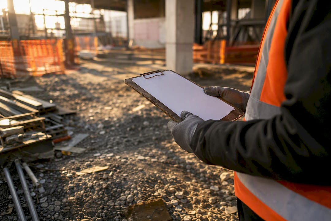 Hands holding safety checklist clipboard onsite