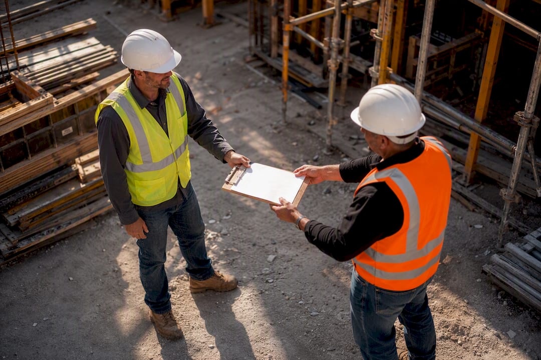 Foreman handing bid documents to subcontractor