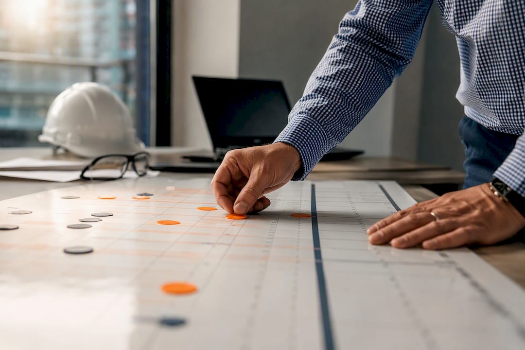 Hands placing contingency token on project schedule