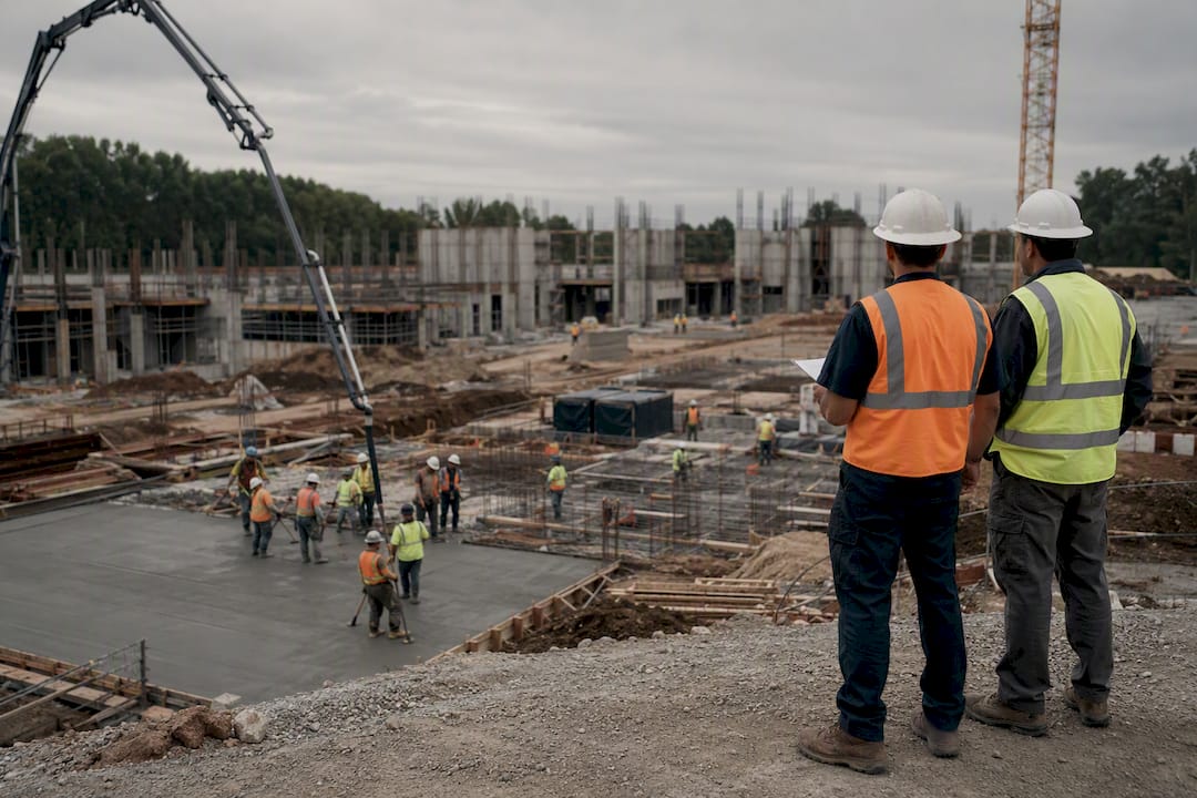 Large federal construction site overview at dawn