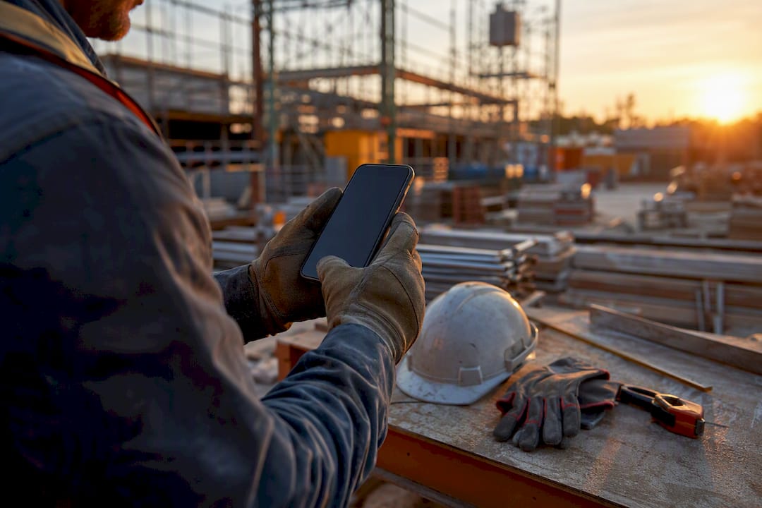 Contractor holding smartphone at construction site