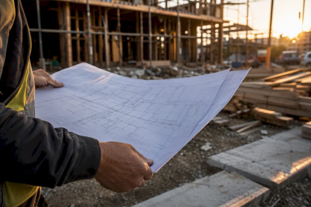 Contractor holding blueprint at construction site