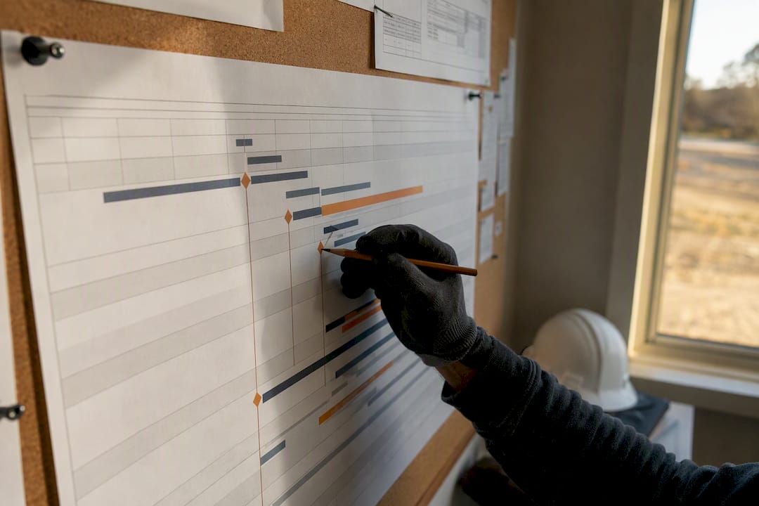 Hand pointing at project milestone chart