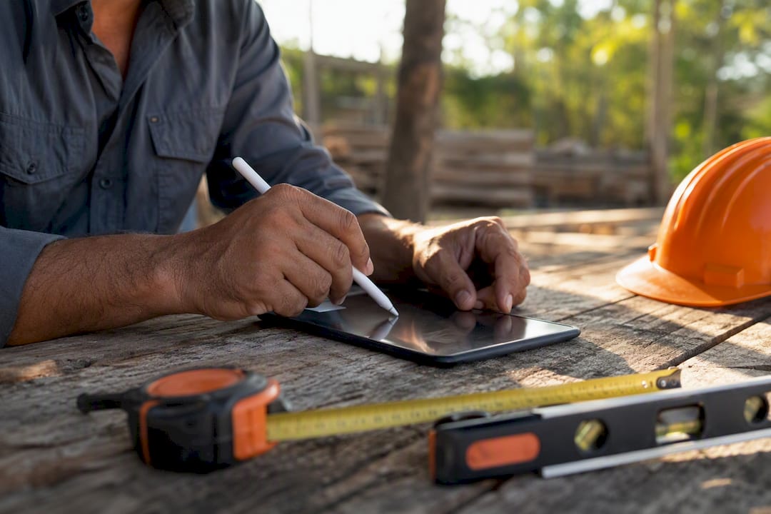 Hands using stylus on tablet at construction site desk