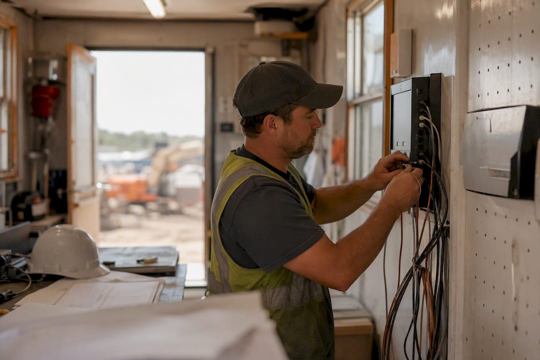 Hands wiring communication panel at construction site