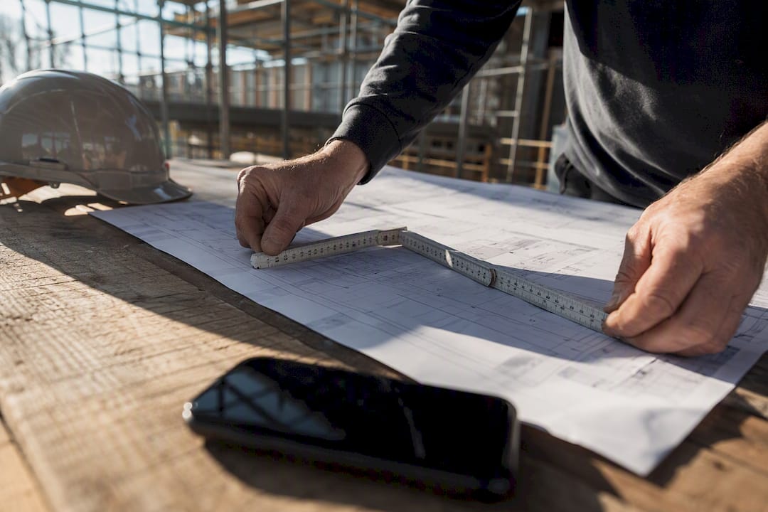 Hands measuring blueprint on site bench