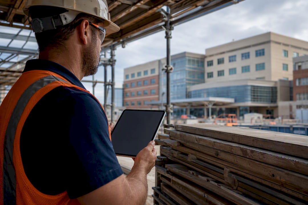 Contractor at VAMC construction site reviewing plans