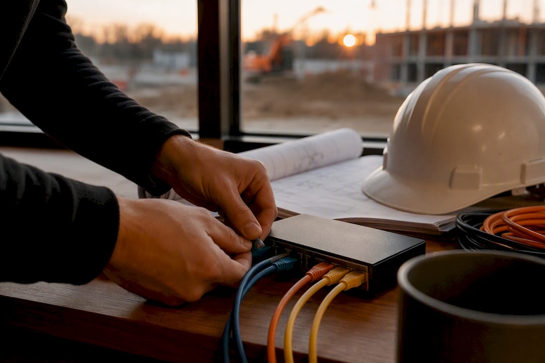 Hands connecting network cables on construction site desk