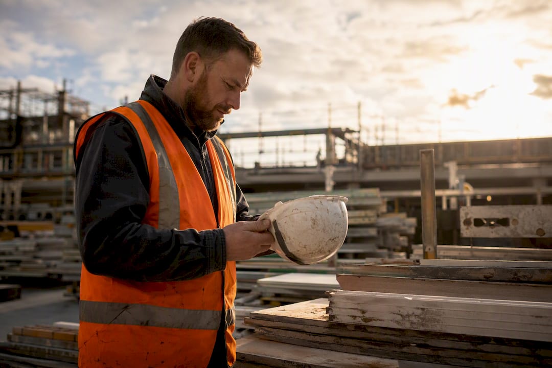 Hands inspecting safety harness on construction site