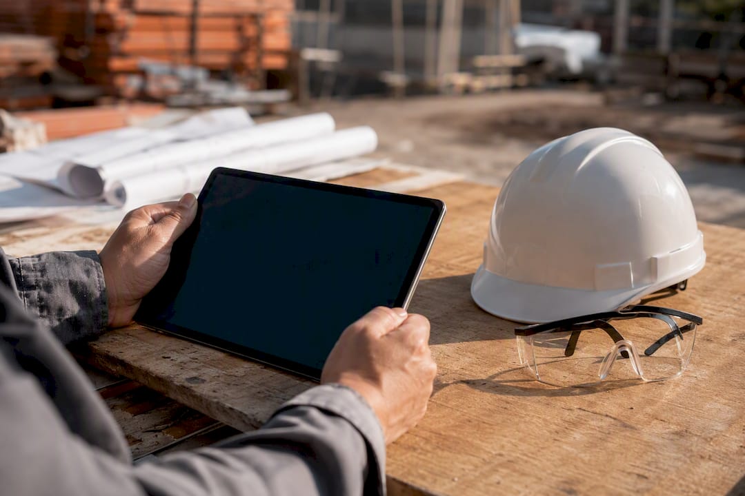 Hands holding tablet near safety gear on site trailer bench