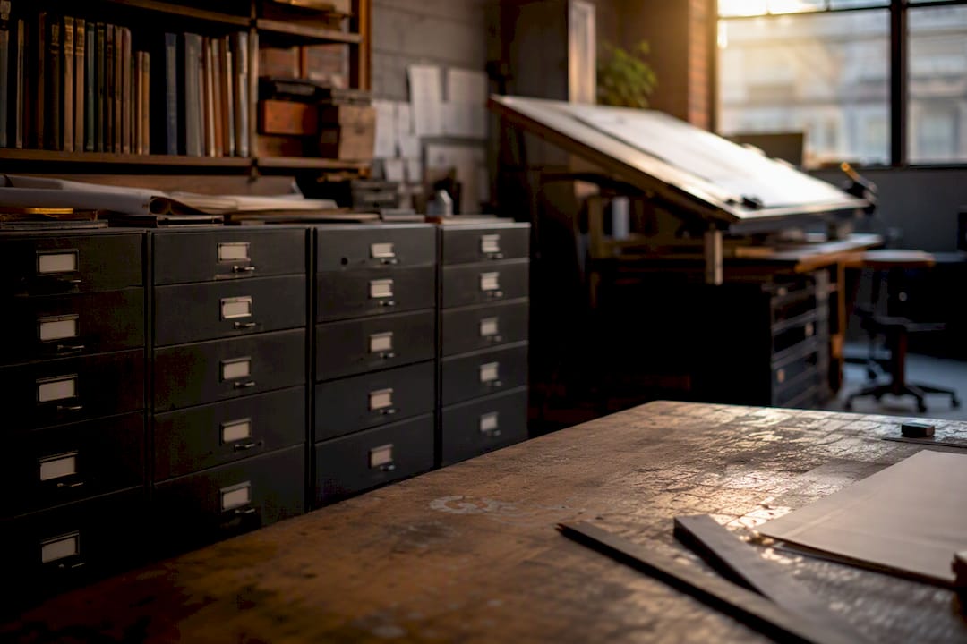 Large contractor planning room with documents