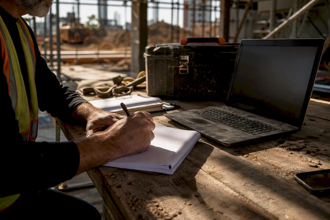 Contractor's hands with notes at site desk