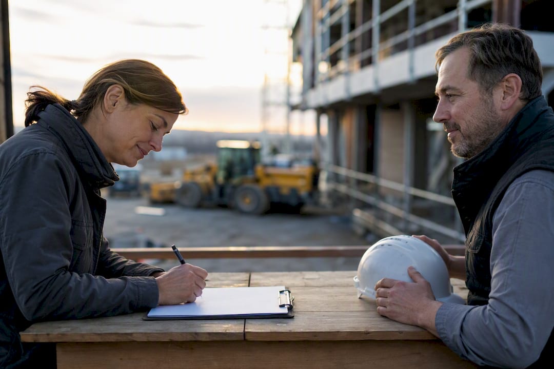 hands approaching contract with hard hat