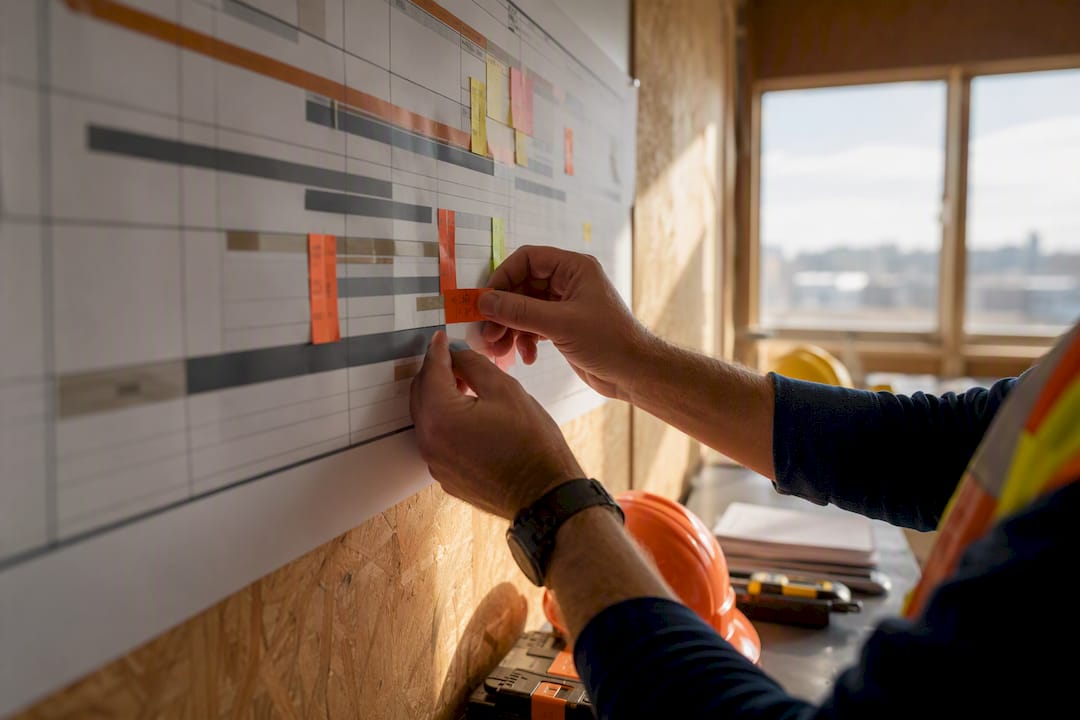 Hands tagging long-lead items on project timeline