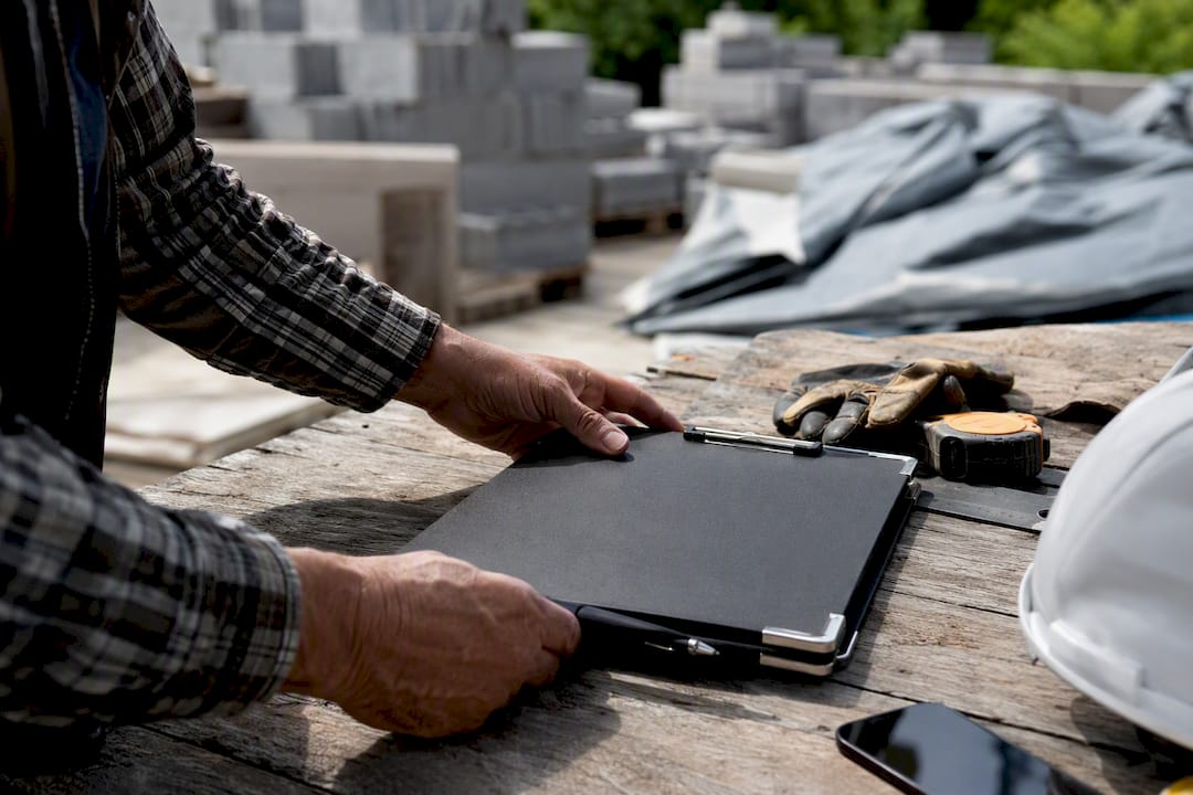 Hands holding clipboard near construction site