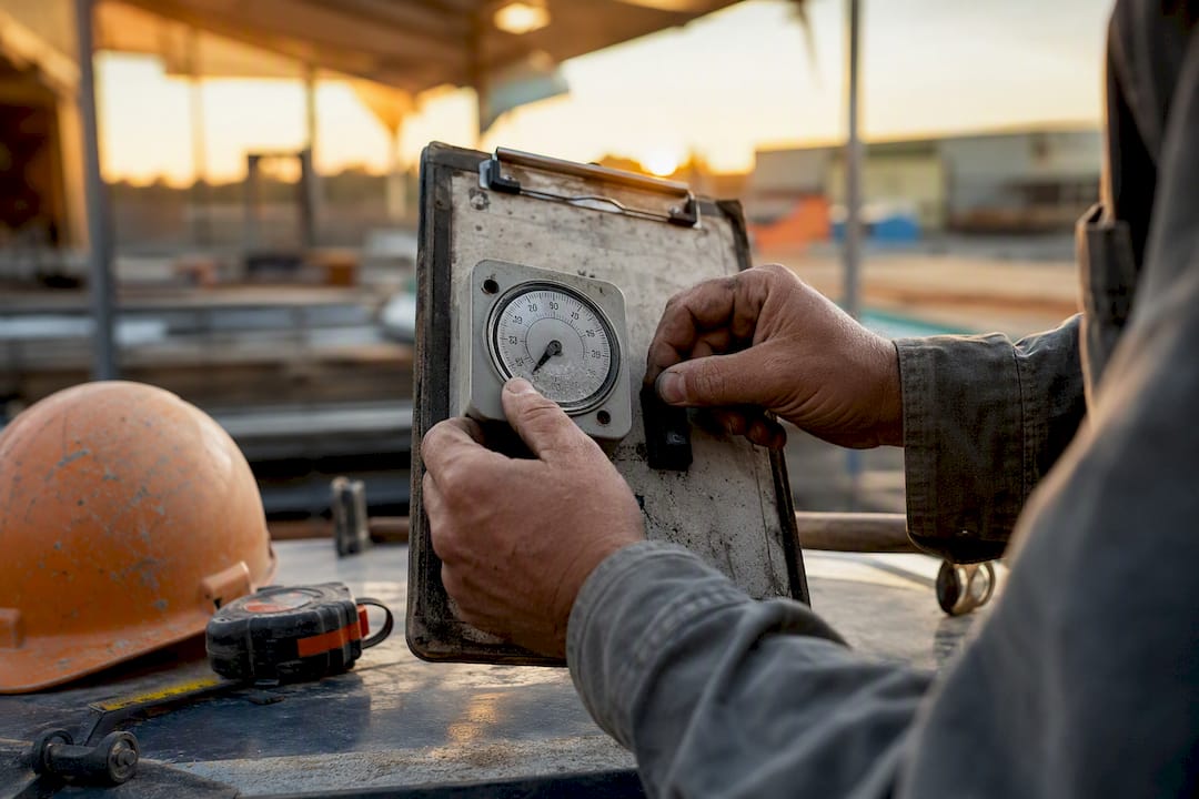 Hands setting a timer device on construction clipboard
