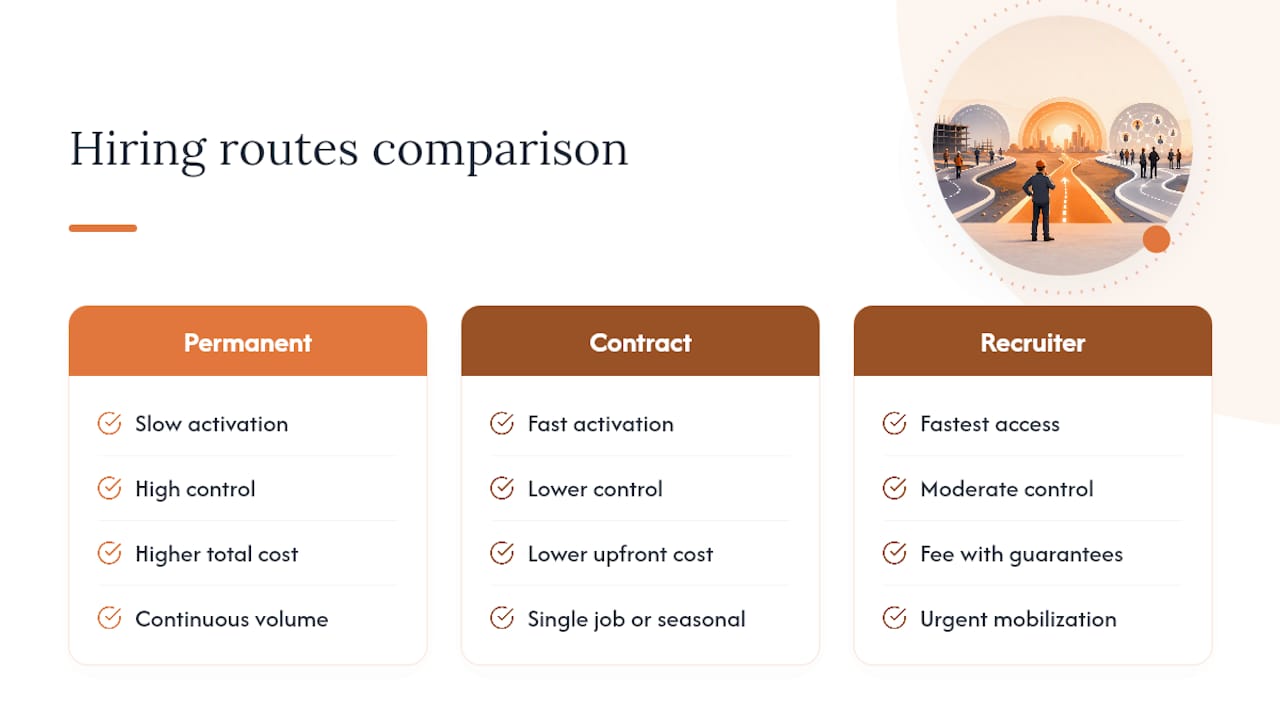 Comparison diagram of construction scheduler hiring routes