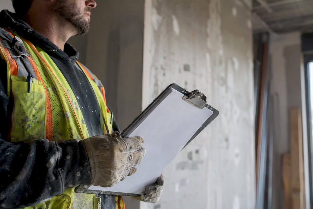 Foreman tracking project metrics on clipboard at site