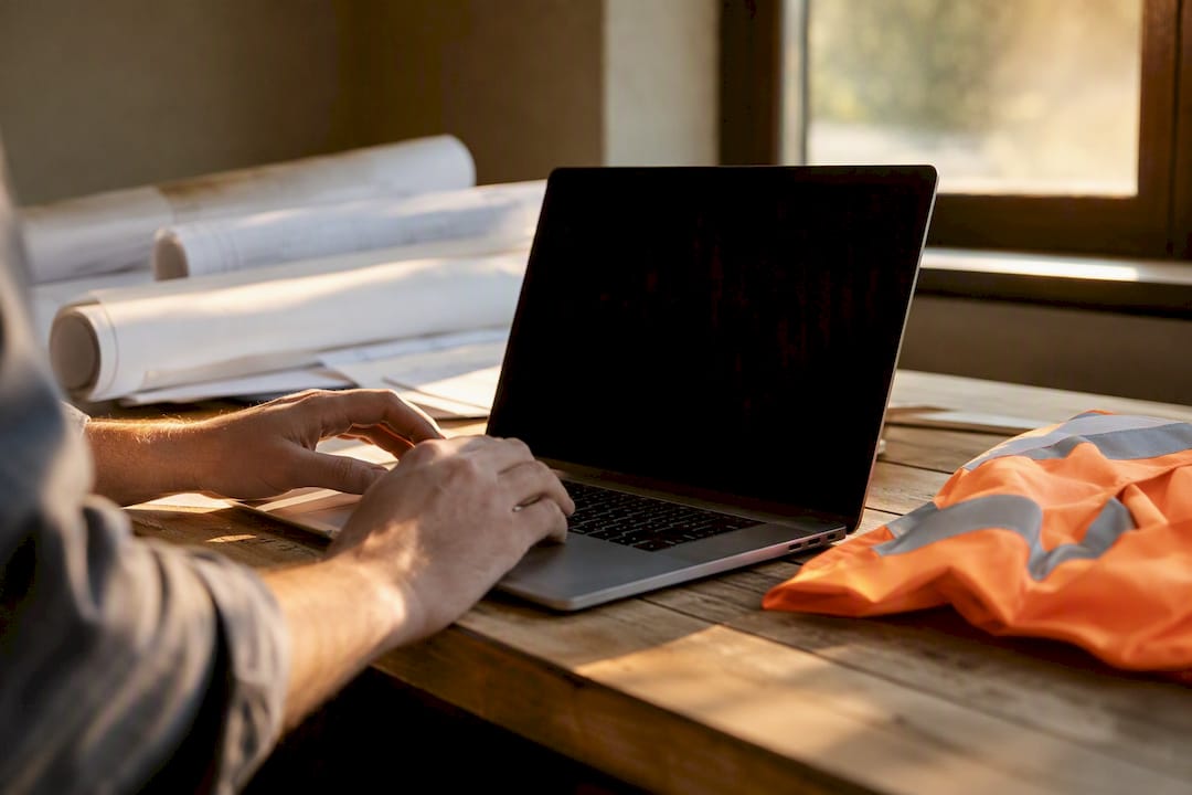 Contractor workspace with laptop and blueprints