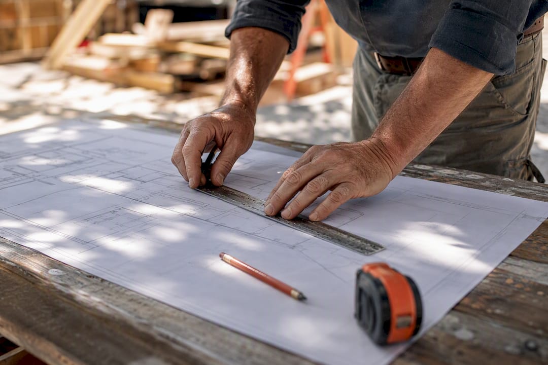 Estimator hands marking scale ruler on workbench