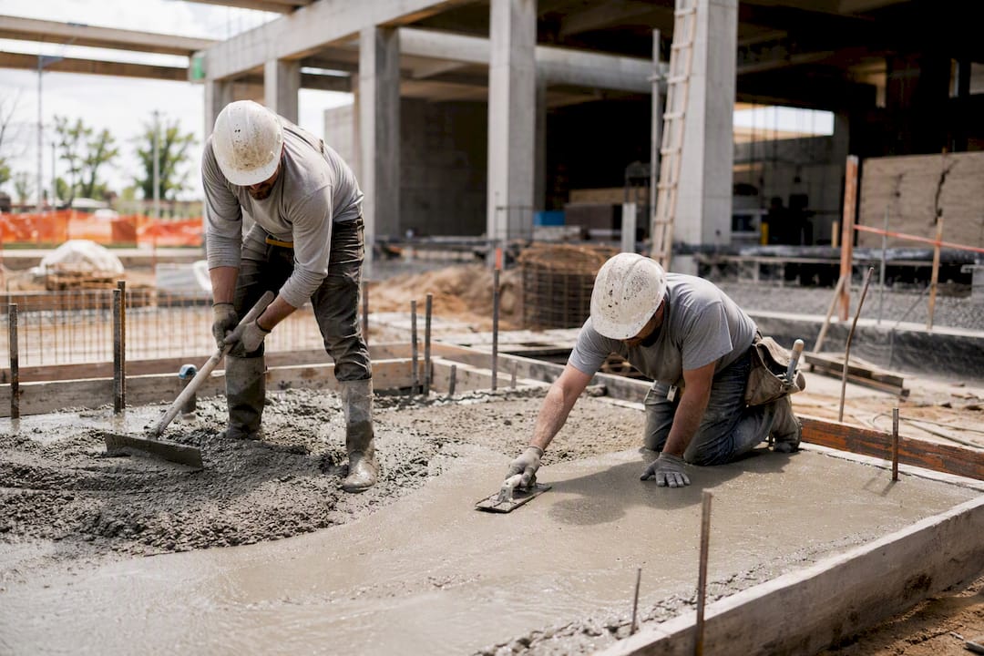 Workers pouring and finishing concrete on site