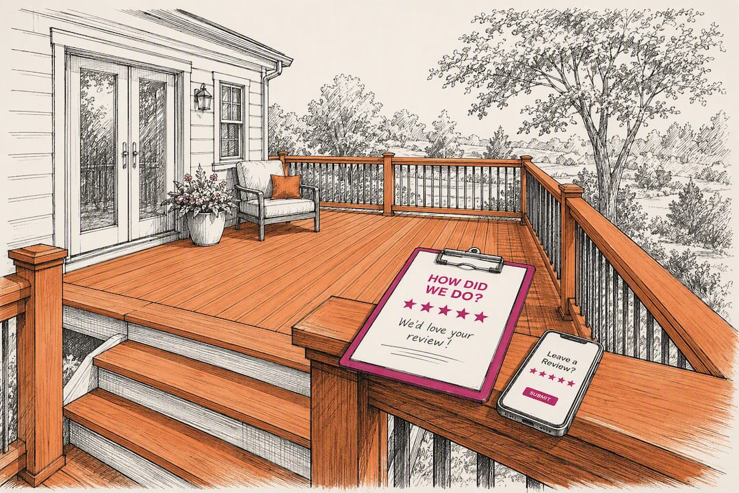 Sketch of completed deck with review request clipboard and phone