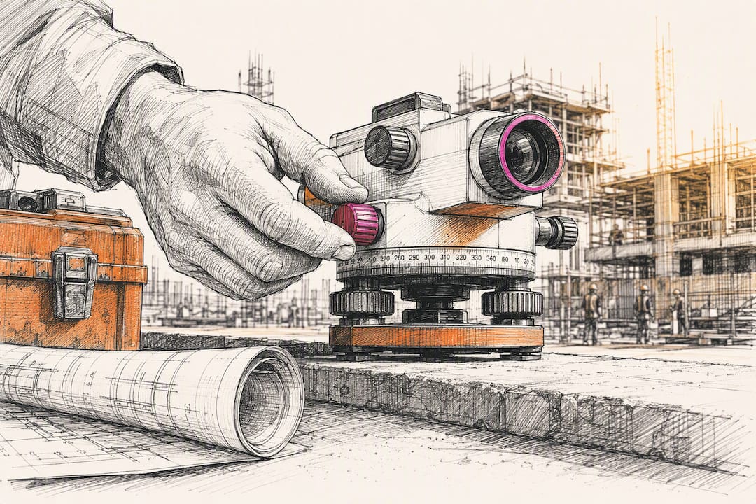 Hand adjusting leveling instrument on jobsite