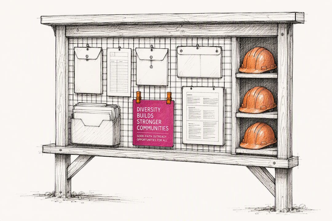 Construction site bulletin board with outreach tools