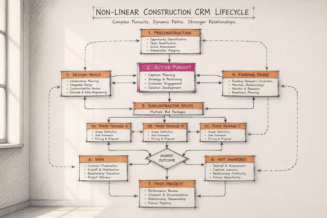 Sketched construction CRM pursuit lifecycle flowchart
