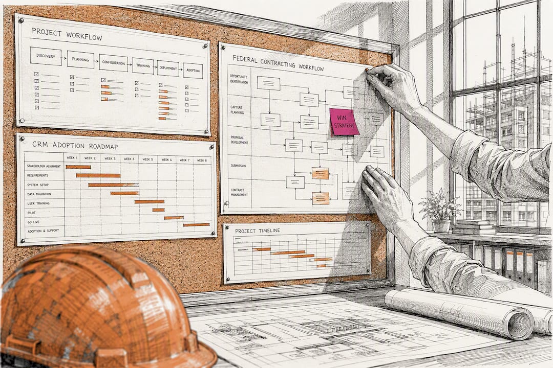 Hands arranging construction CRM planning documents