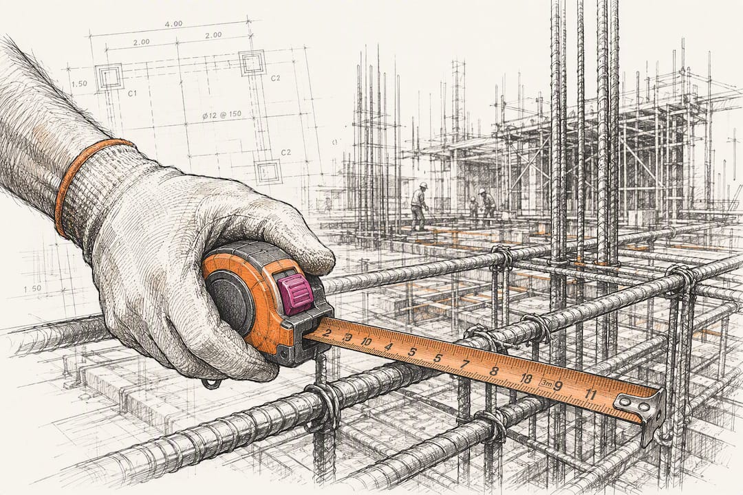 Hand measuring steel rebar on construction site