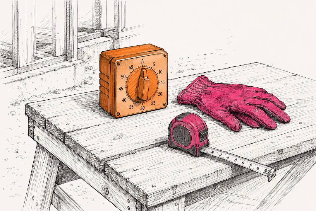 Timer and tools on job site bench