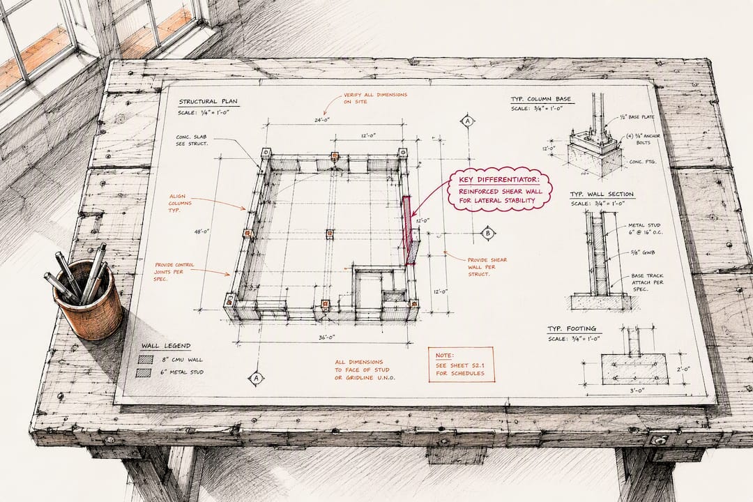 Sketch of blueprint highlighting contractor differentiators