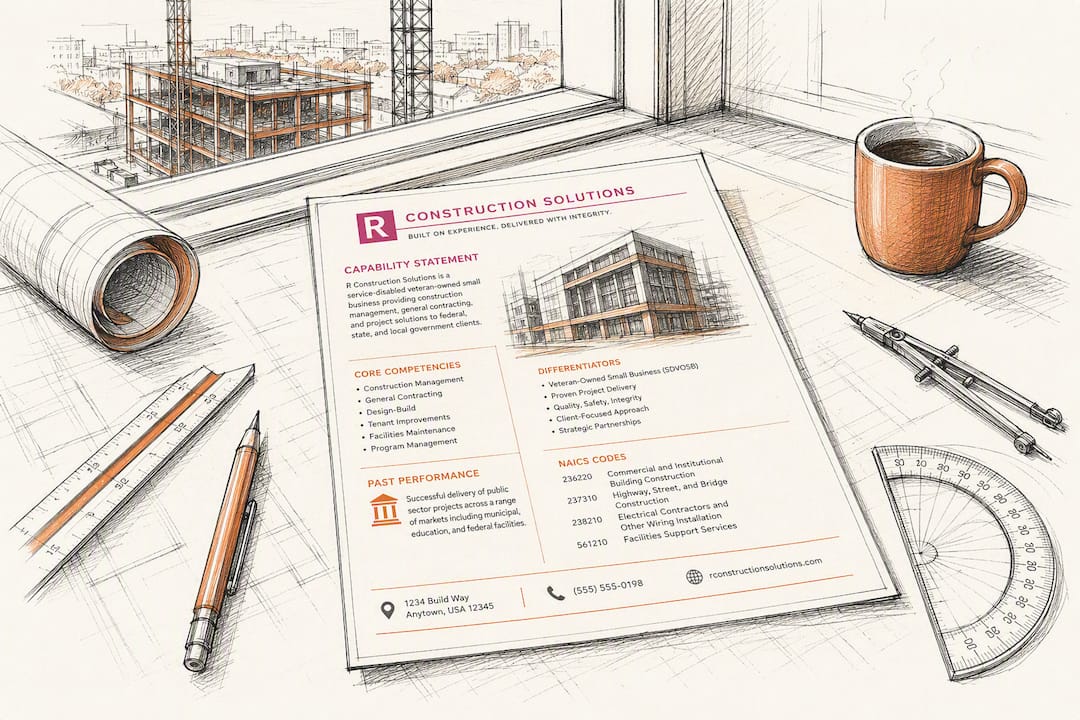 Sketch of capability statement on contractor desk