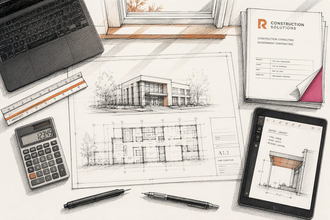 Sketch of consulting documents and tools on desk