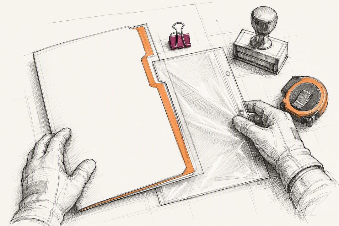 Gloved hands reviewing subcontractor insurance documents